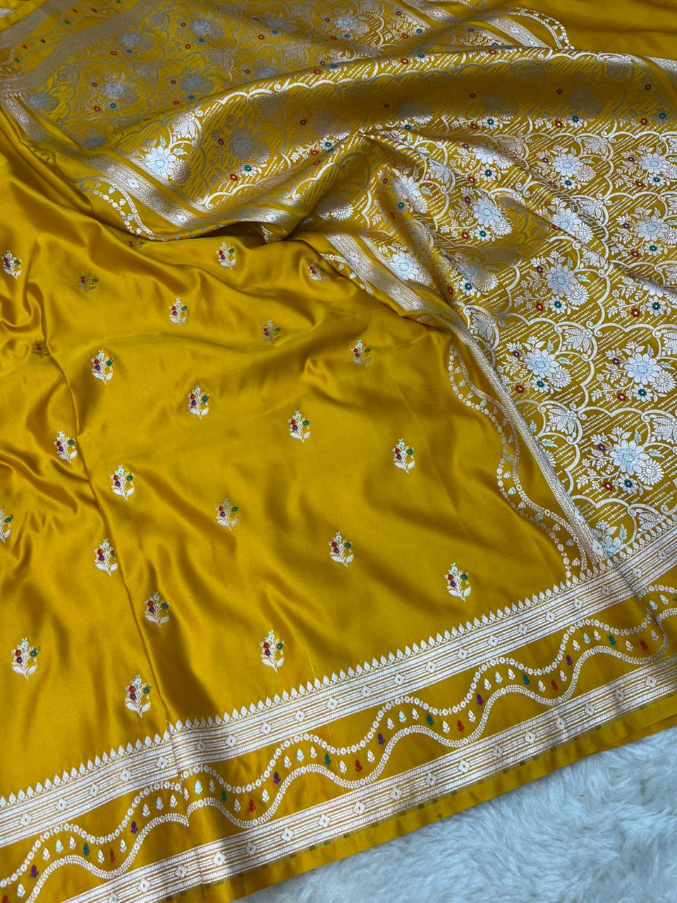 Mustard Yellow Mashru Silk Saree with Gold Zari Floral Bootis & Contemporary Wavy Border