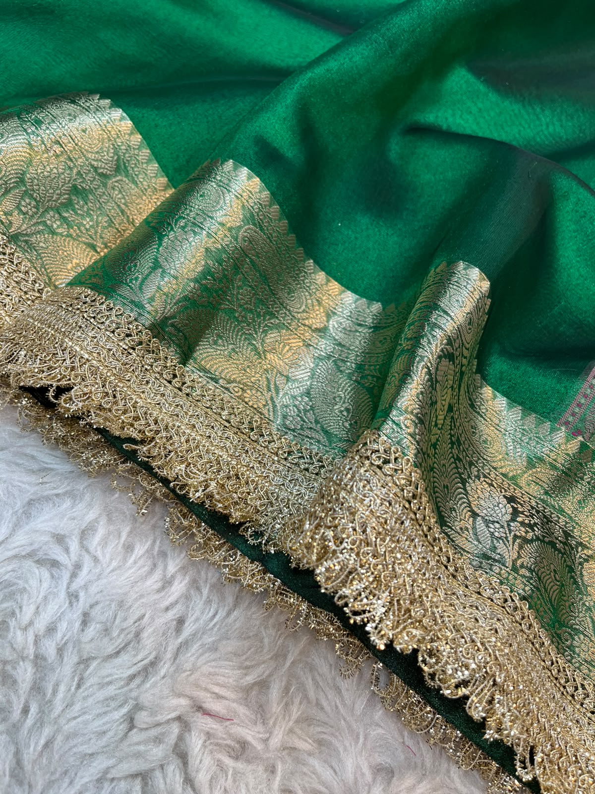 Jewel Green Pashmina Tissue Silk Saree with Wine Paisley Pallu and Attached Kiran Lace Border