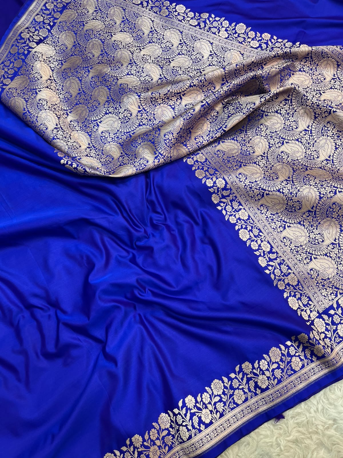 Royal Blue Banarasi Mashru Silk Saree with Water Zari Paisley Pallu