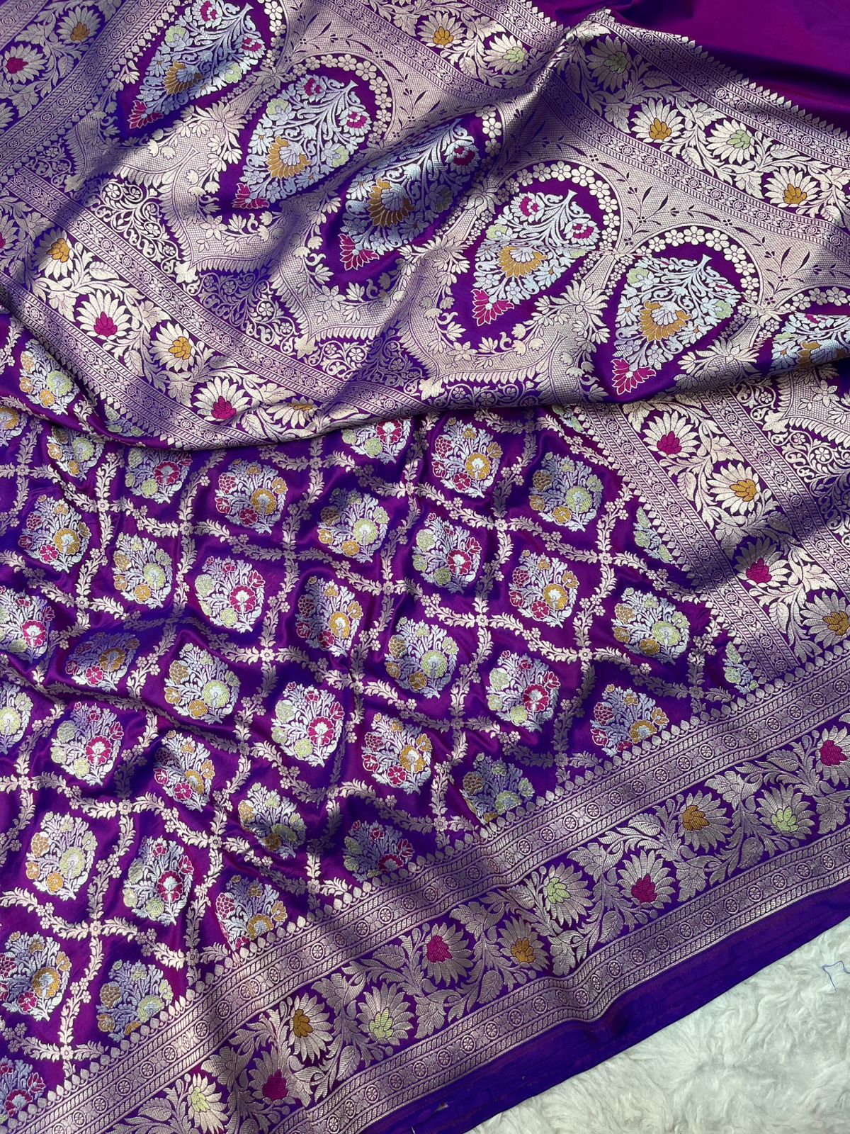 Royal Majenta Pure Katan Silk Saree with Traditional Meenakari Floral Medallions