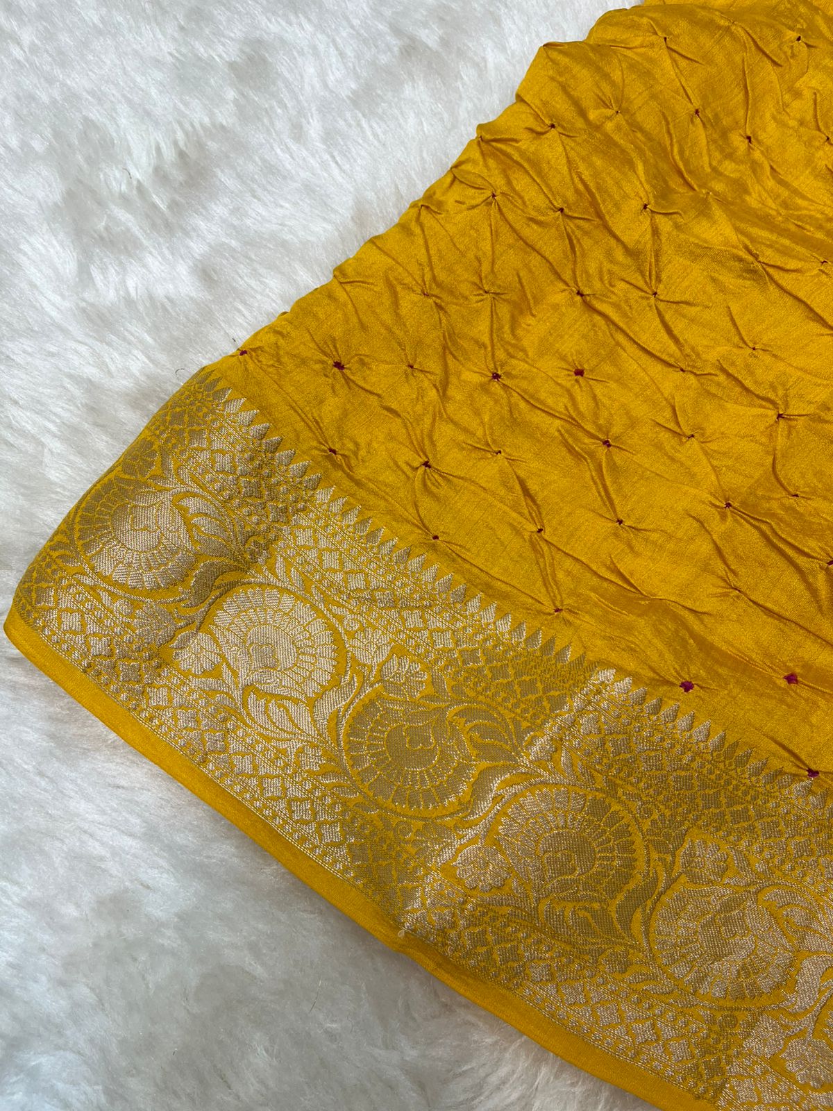 Mustard Yellow Pure Chiniya Silk Saree - Sonarupa Weave with Traditional Bandhini Work