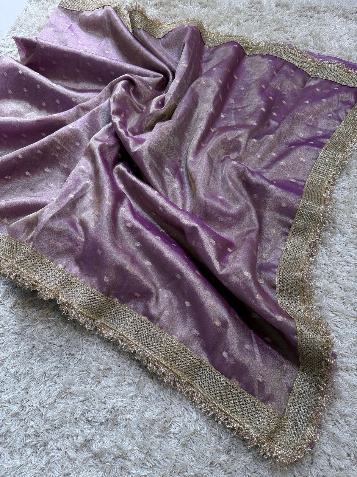 Mauve Lavender Tissue Silk Saree with Delicate Zari Butis and Fringed Border
