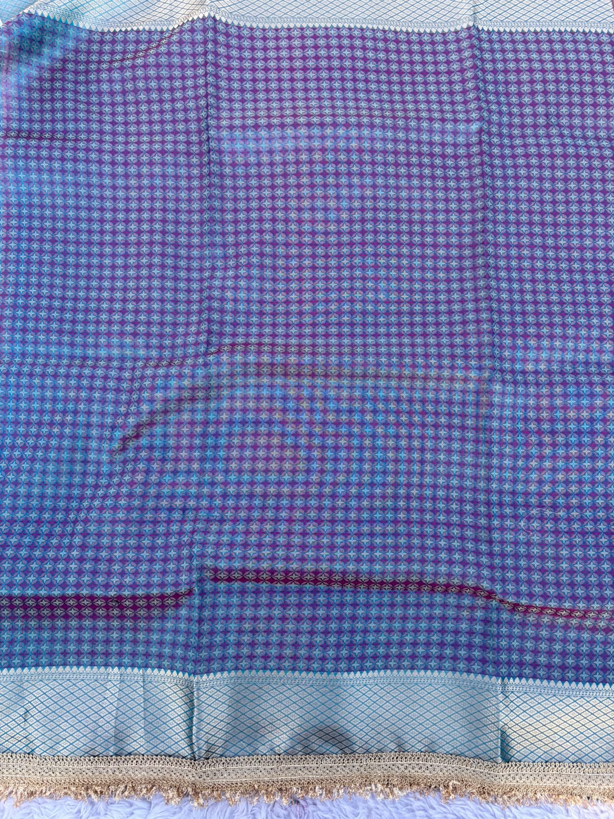 Crystal Blue Pashmina Tissue Silk Saree with Wine Paisley Pallu and Attached Kiran Lace Border