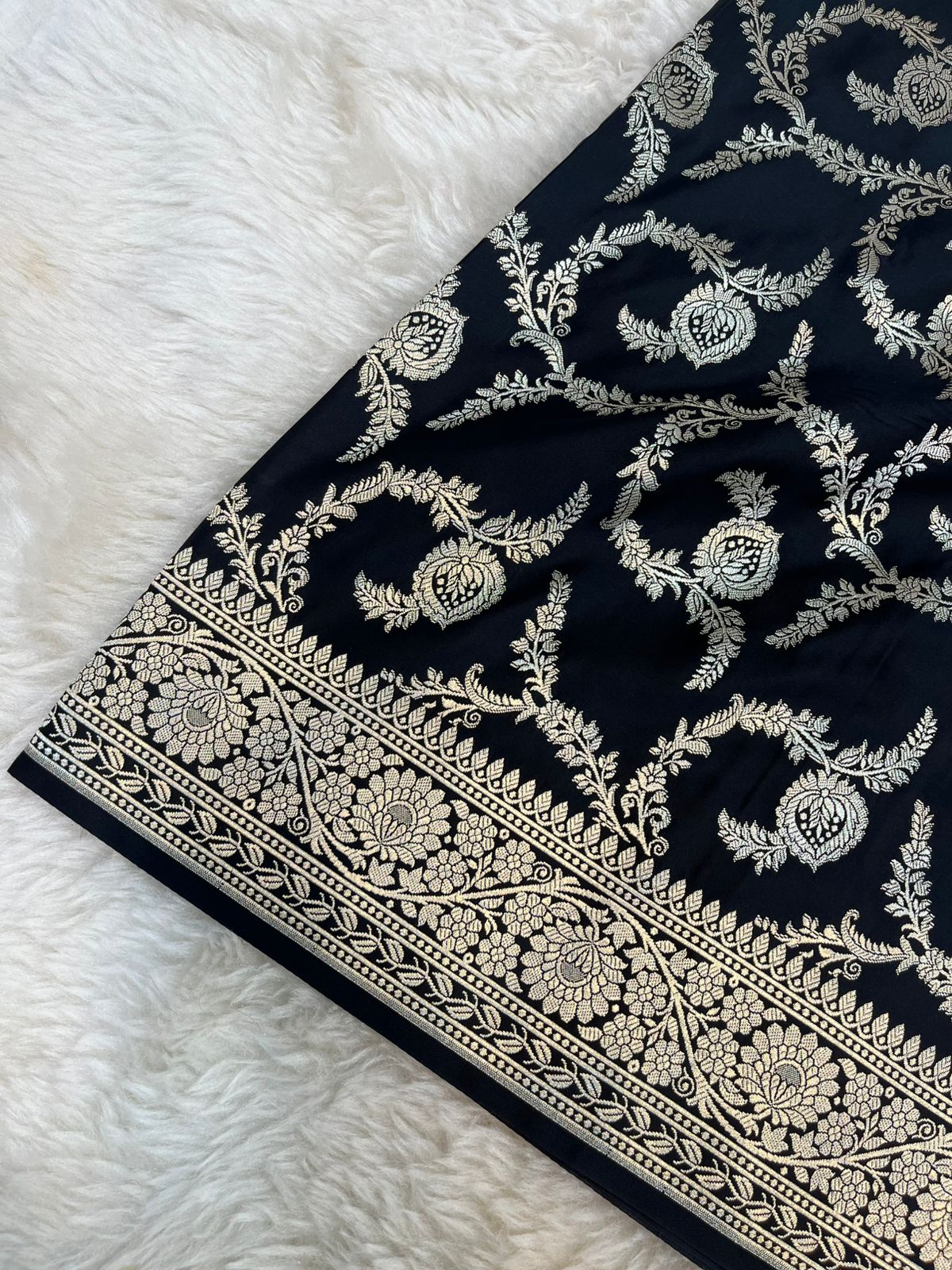 Midnight Black Banarasi Mashru Silk Saree with Antique Golden Zari Jaal