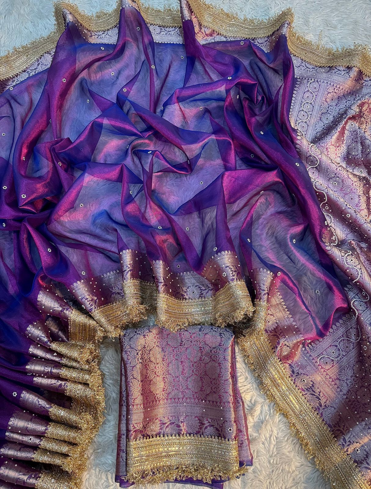 Purple Maharani Tissue Silk Saree with Banarasi Zari Pallu,Intricate Stonework,and Designer Lace Border