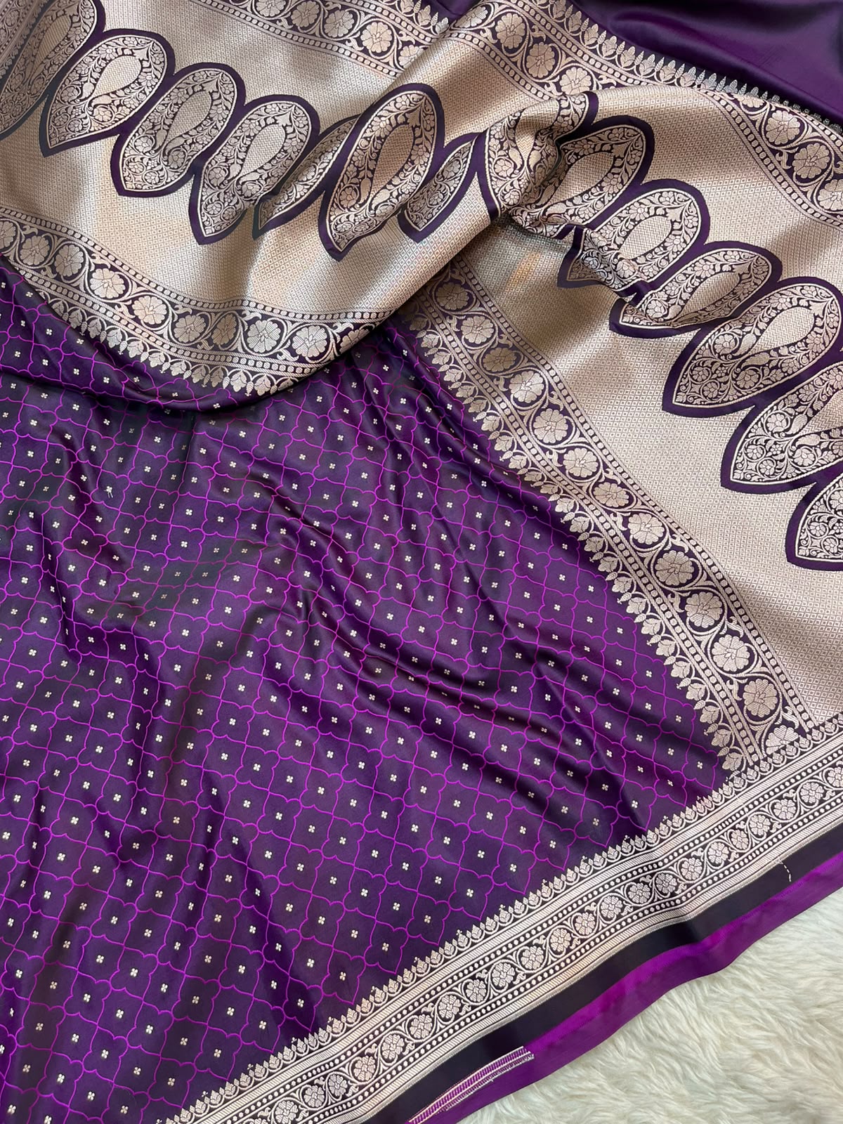 Dark Purple Banarasi Mashru Silk Saree | Fine Booti Work & Traditional Border