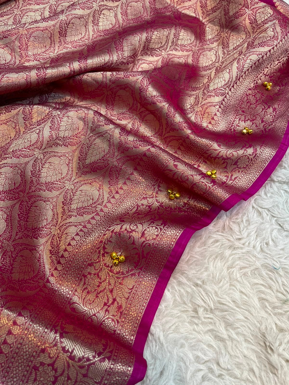 Rani Pink Banarasi Tissue Silk Saree with Ghungroo Work & Gold Zari Weave