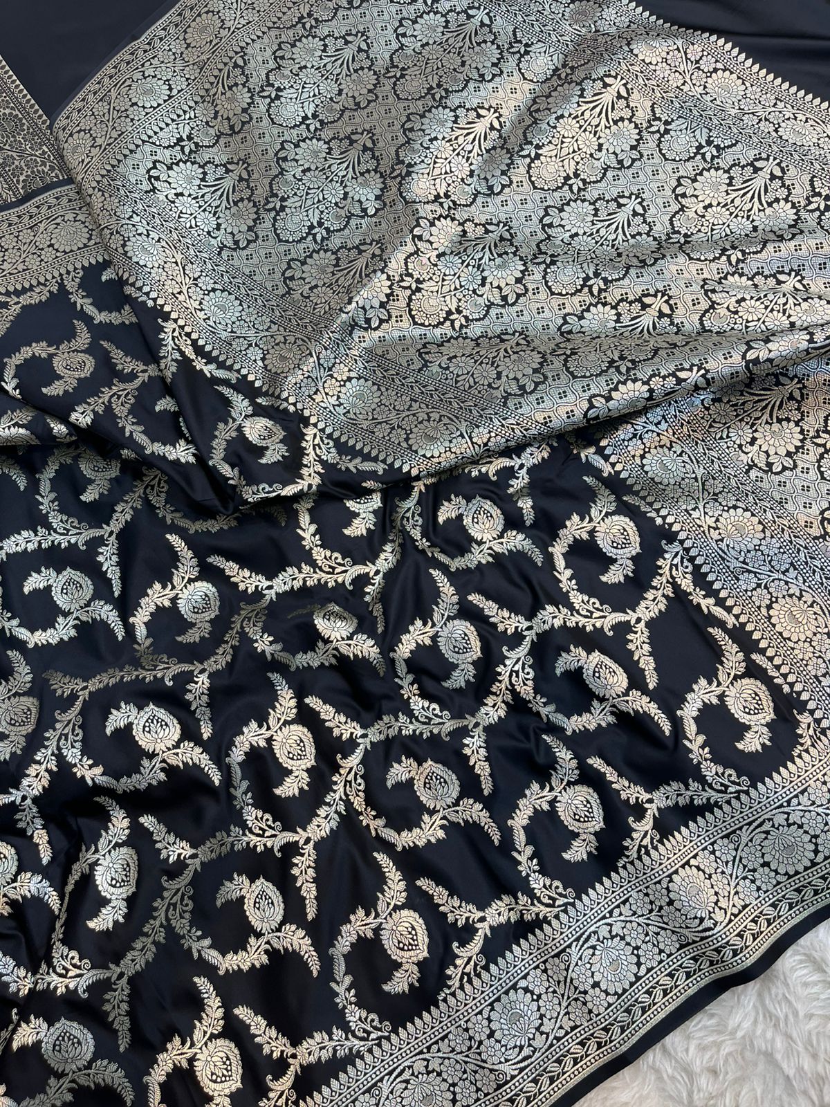 Midnight Black Banarasi Mashru Silk Saree with Antique Golden Zari Jaal