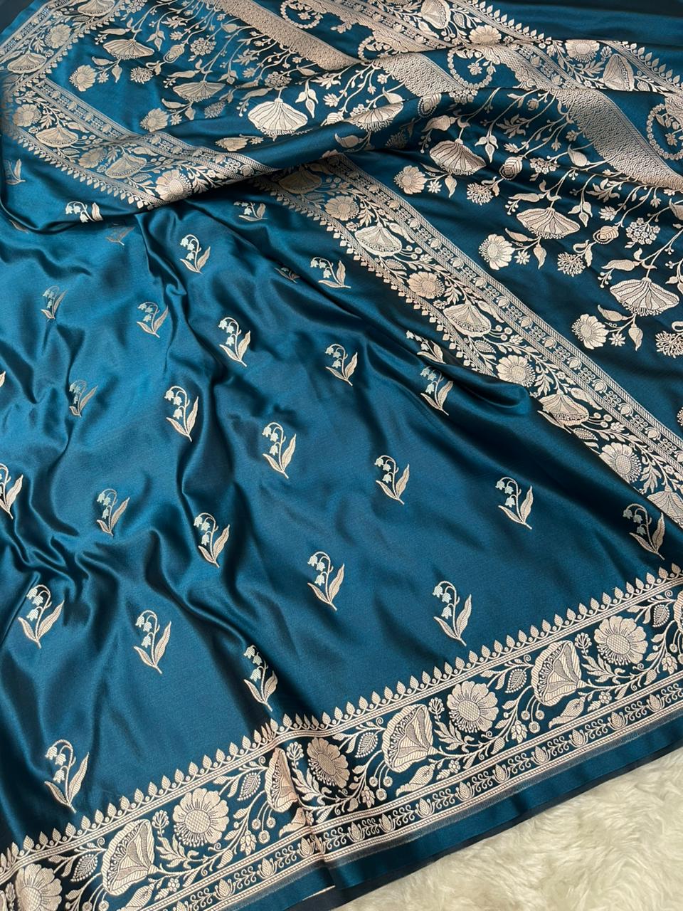 Deep Teal Mashru Silk Banarasi Saree with Sonarupa Zari Buti