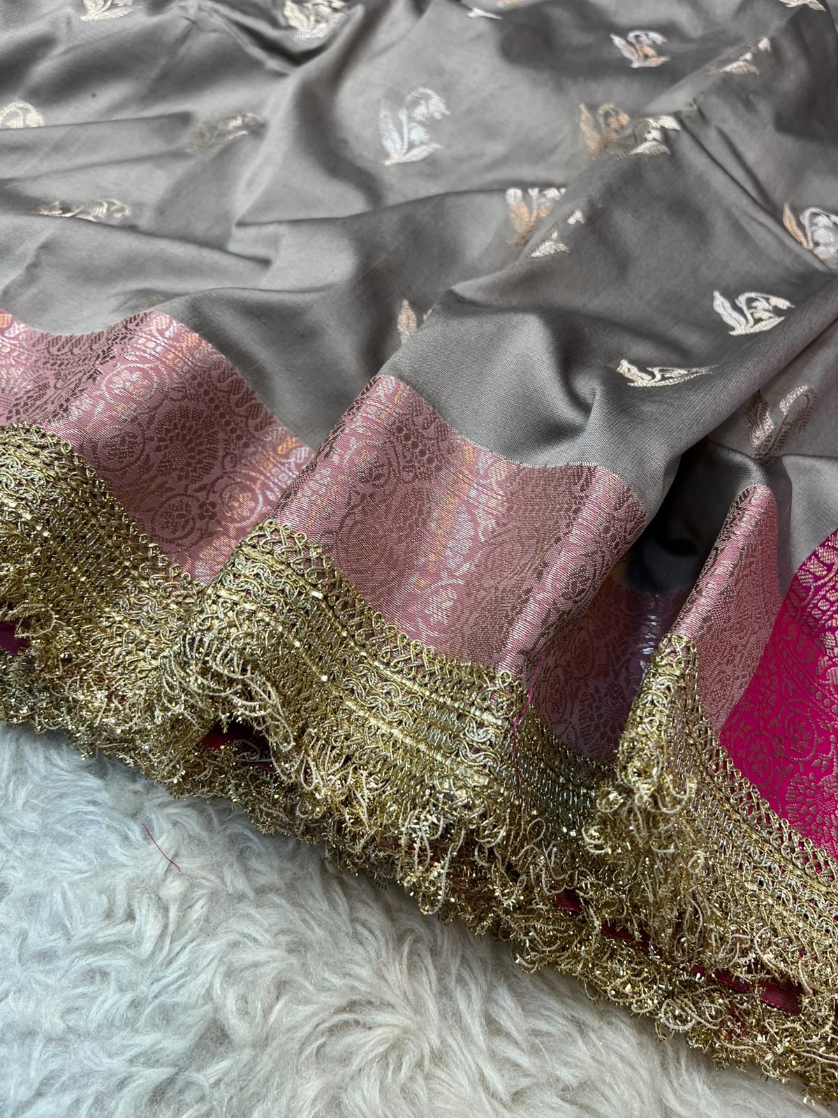 Slate Grey & Rani Pink Katan Silk Banarasi Saree with Designer Lace