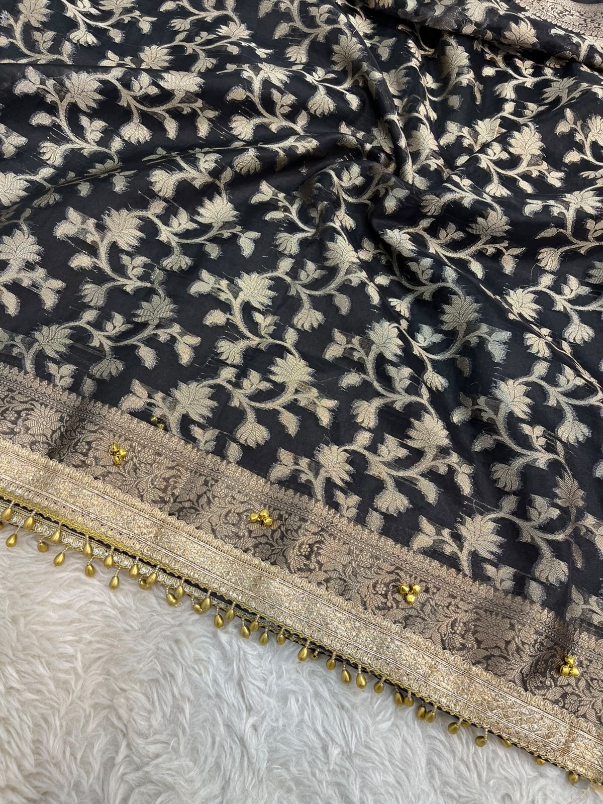 Black Banarasi Tissue Silk Saree with Handcrafted Ghungroo & Antique Zari