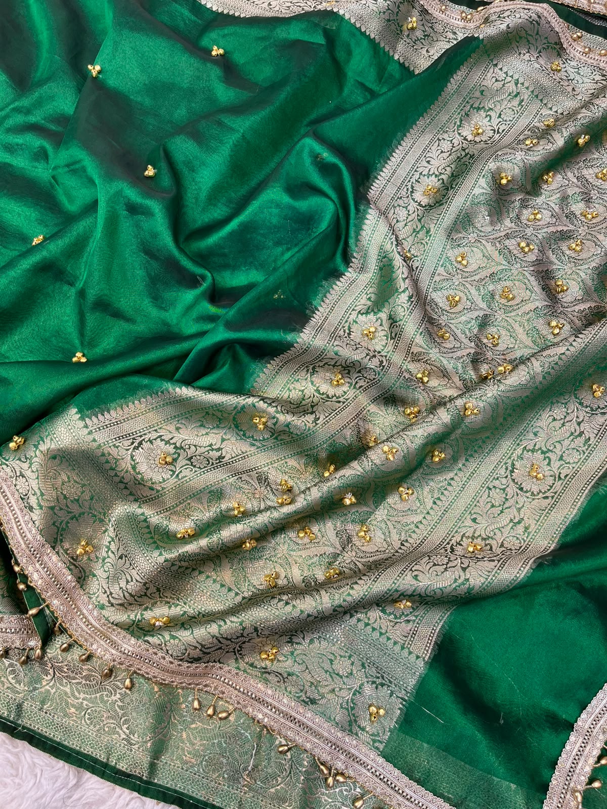 Forest Green Tissue Silk Saree with Handcrafted Ghungroo Work & Banarasi Zari Woven Pallu
