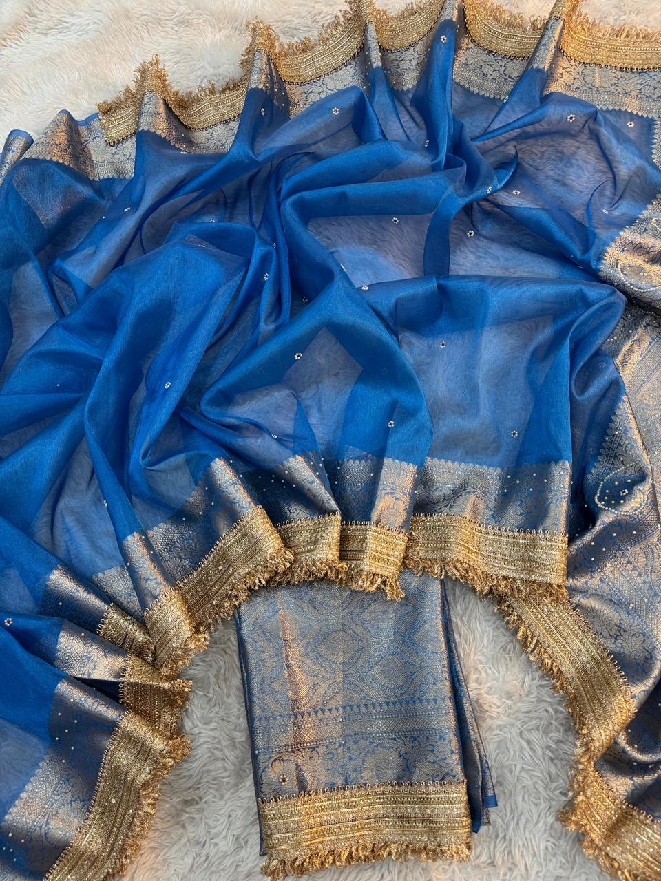 Prussian Blue Maharani Tissue Silk Saree with Banarasi Zari Pallu,Intricate Stonework,and Designer Lace Border