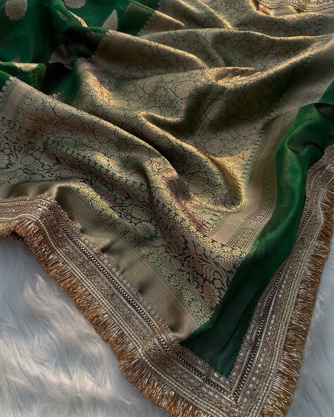 Dark Green Banarasi Tissue Silk Saree with Zari Buta and Kiran Lace