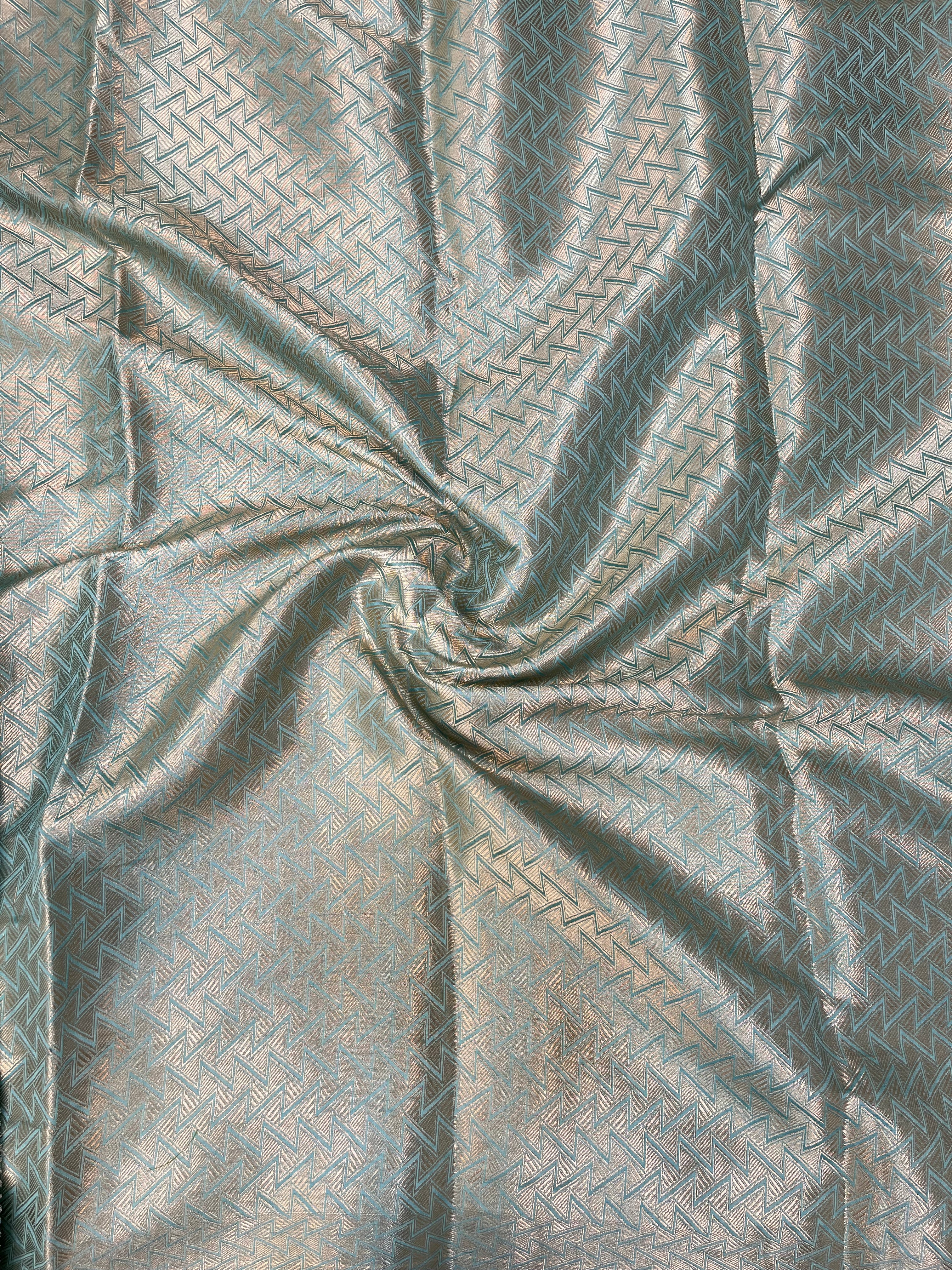 Seafoam Blue Pure Chiniya Silk Saree with Elegant Zari Buti and Striped Pallu