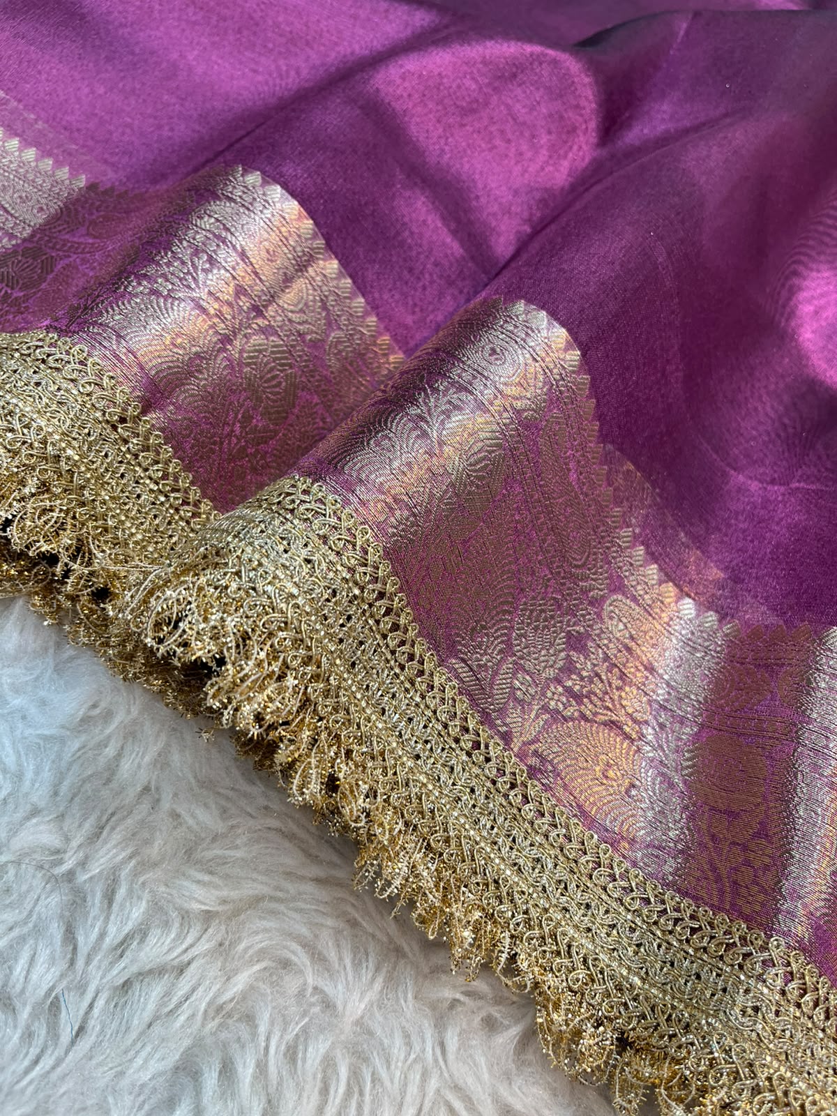 Royal Majenta Pashmina Tissue Silk Saree with Wine Paisley Pallu and Attached Kiran Lace Border