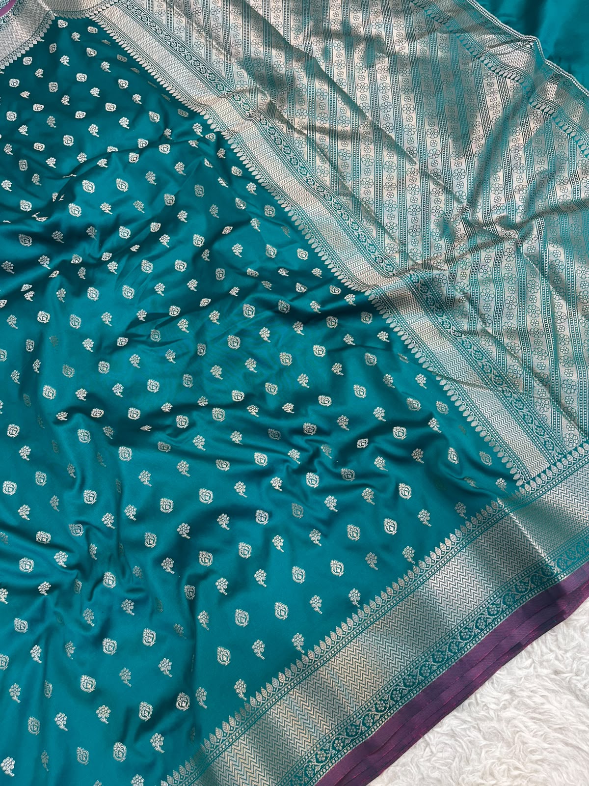 Teal Blue Banarasi Soft Katan Silk Saree with All-Over Zari Buti & Rich Pallu