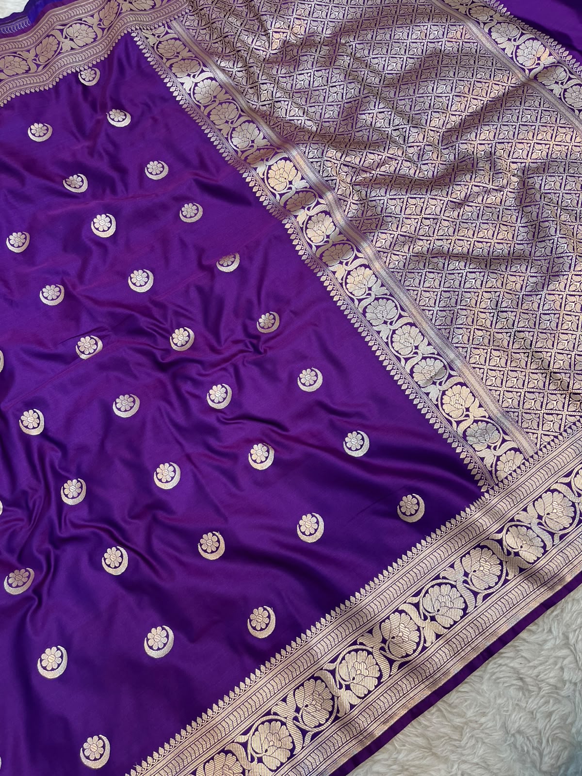 Purple Satin Silk Banarasi Saree with Gold Zari Chand Tara Booti & Rich Jacquard Pallu