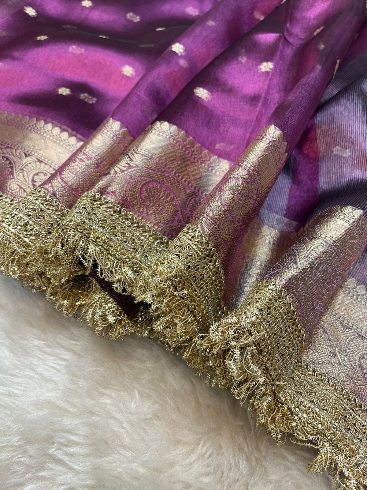 Royal Magenta Tissue Silk Buti Saree with Intricate Lace Embellishments