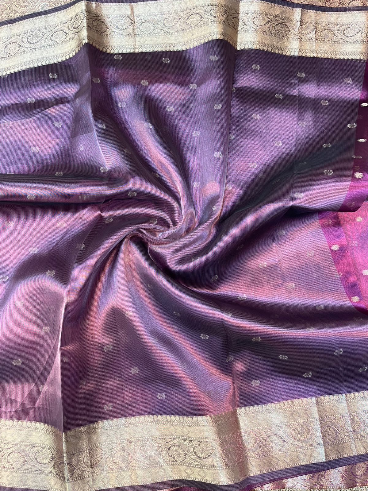 Royal Magenta Tissue Silk Buti Saree with Intricate Lace Embellishments