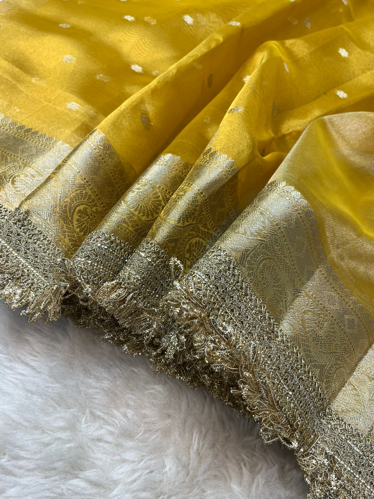Haldi Yellow Tissue Silk Buti Saree with Intricate Lace Embellishments