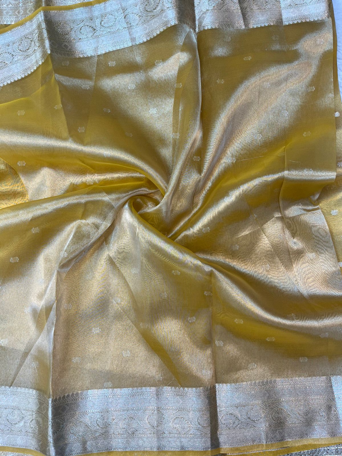 Haldi Yellow Tissue Silk Buti Saree with Intricate Lace Embellishments