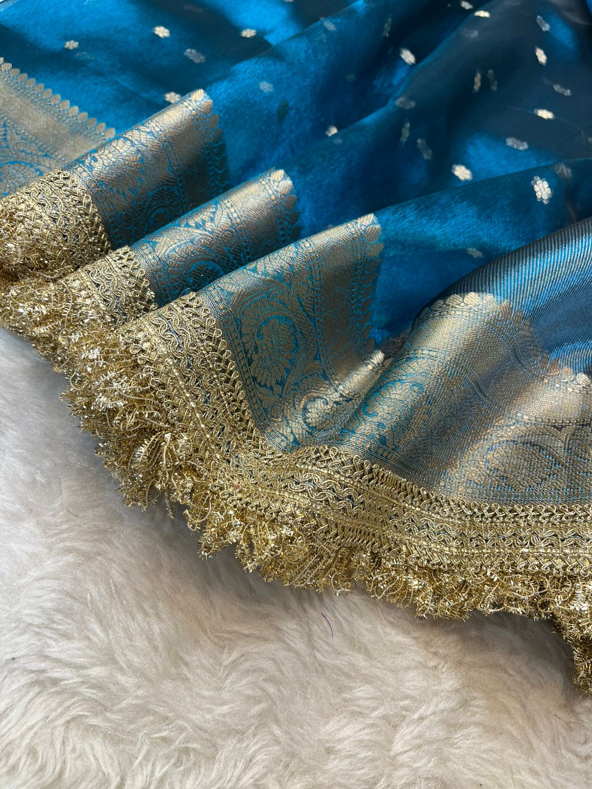 Persian Blue Tissue Silk Buti Saree with Intricate Lace Embellishments