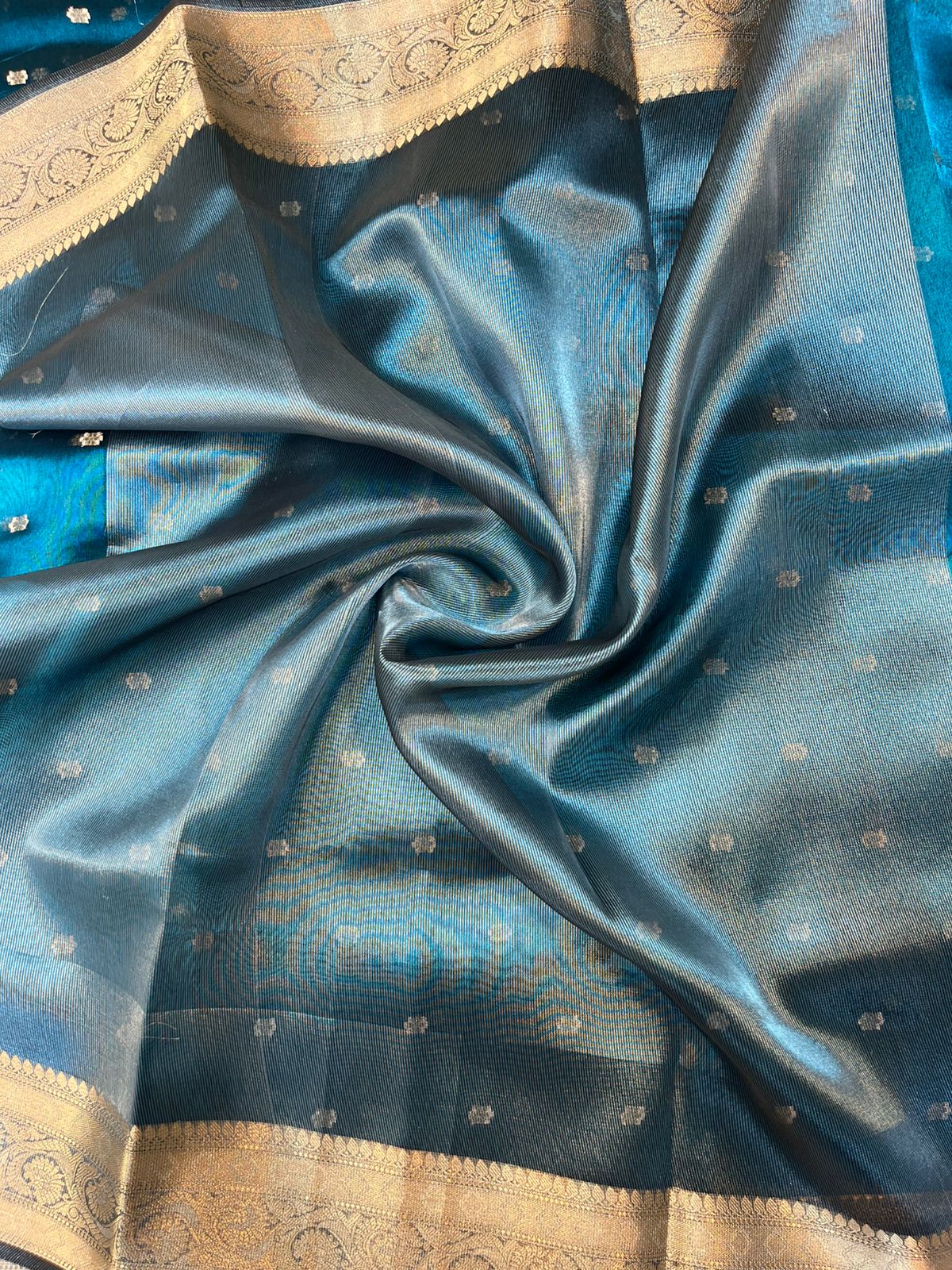 Persian Blue Tissue Silk Buti Saree with Intricate Lace Embellishments