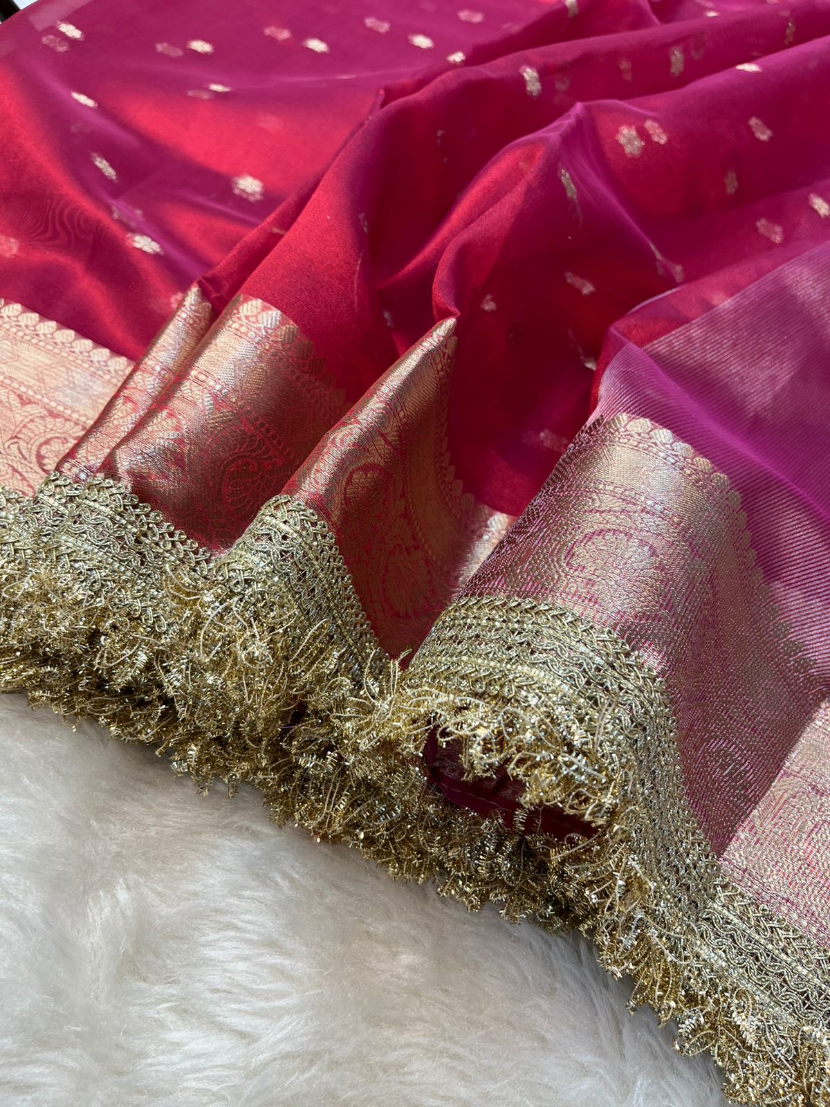 Gajari Red Tissue Silk Buti Saree with Intricate Lace Embellishments