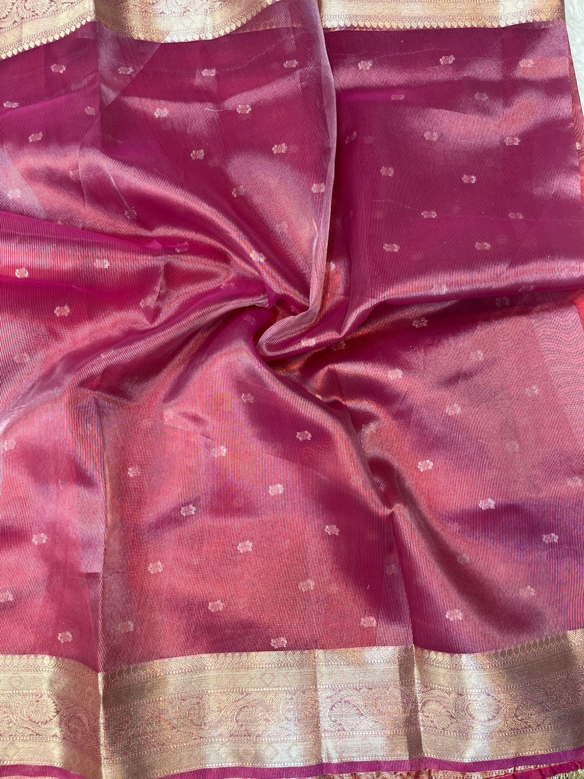 Gajari Red Tissue Silk Buti Saree with Intricate Lace Embellishments