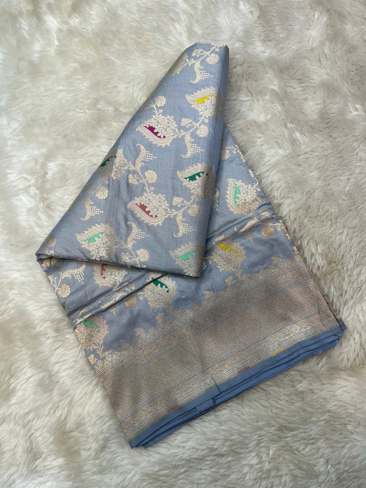 Steel Blue Opulence Pure Katan Silk Banarasi Masterpiece Featuring Multi-Color Meena Artistry
