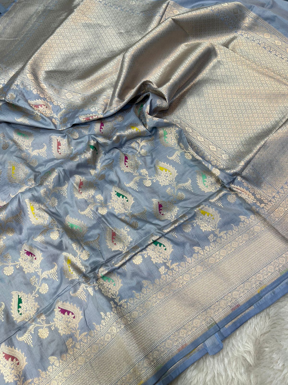 Steel Blue Opulence Pure Katan Silk Banarasi Masterpiece Featuring Multi-Color Meena Artistry