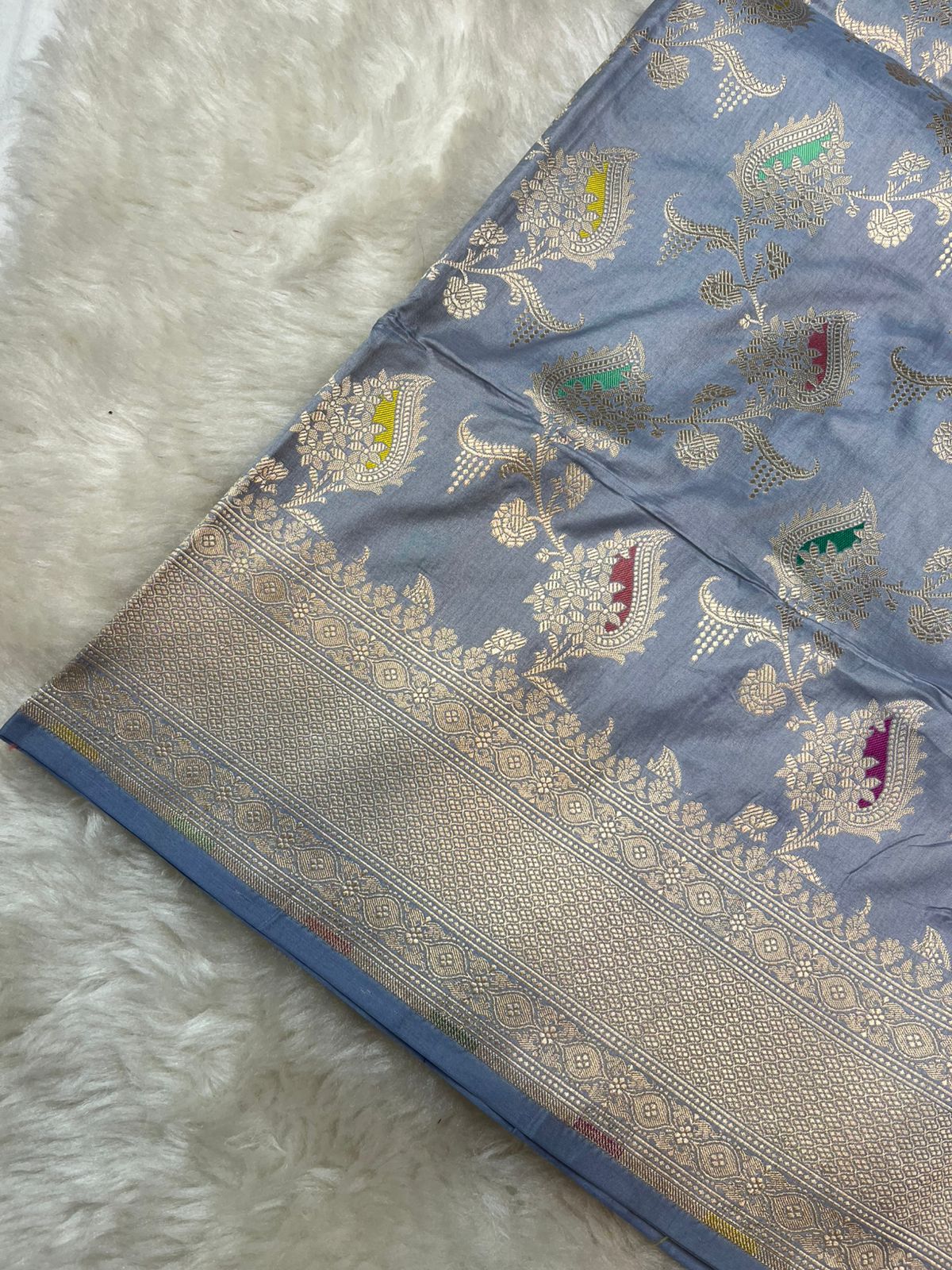 Steel Blue Opulence Pure Katan Silk Banarasi Masterpiece Featuring Multi-Color Meena Artistry