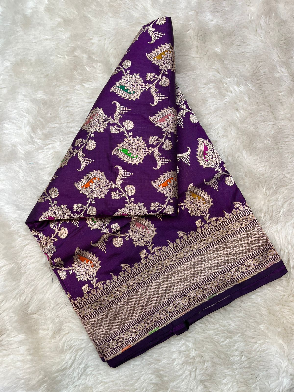 Tyrian Purple Pure Katan Silk Banarasi Masterpiece Featuring Multi-Color Meena Artistry