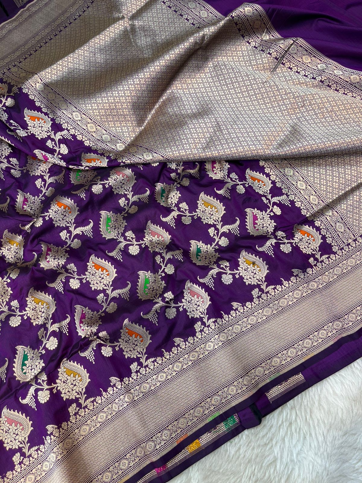 Tyrian Purple Pure Katan Silk Banarasi Masterpiece Featuring Multi-Color Meena Artistry