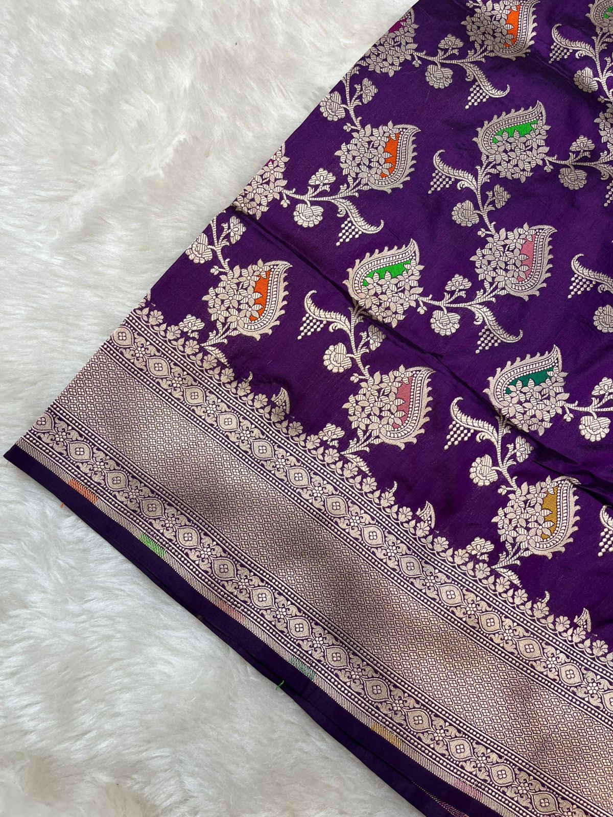 Tyrian Purple Pure Katan Silk Banarasi Masterpiece Featuring Multi-Color Meena Artistry