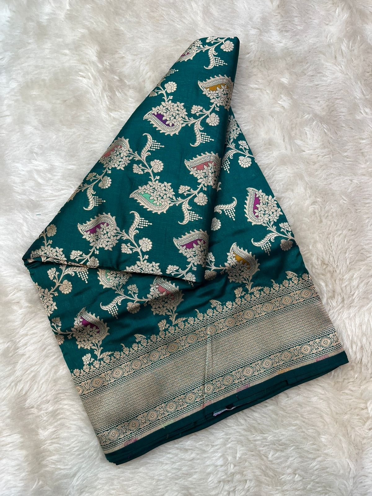 Imperial Teal Pure Katan Silk Banarasi Masterpiece Featuring Multi-Color Meena Artistry