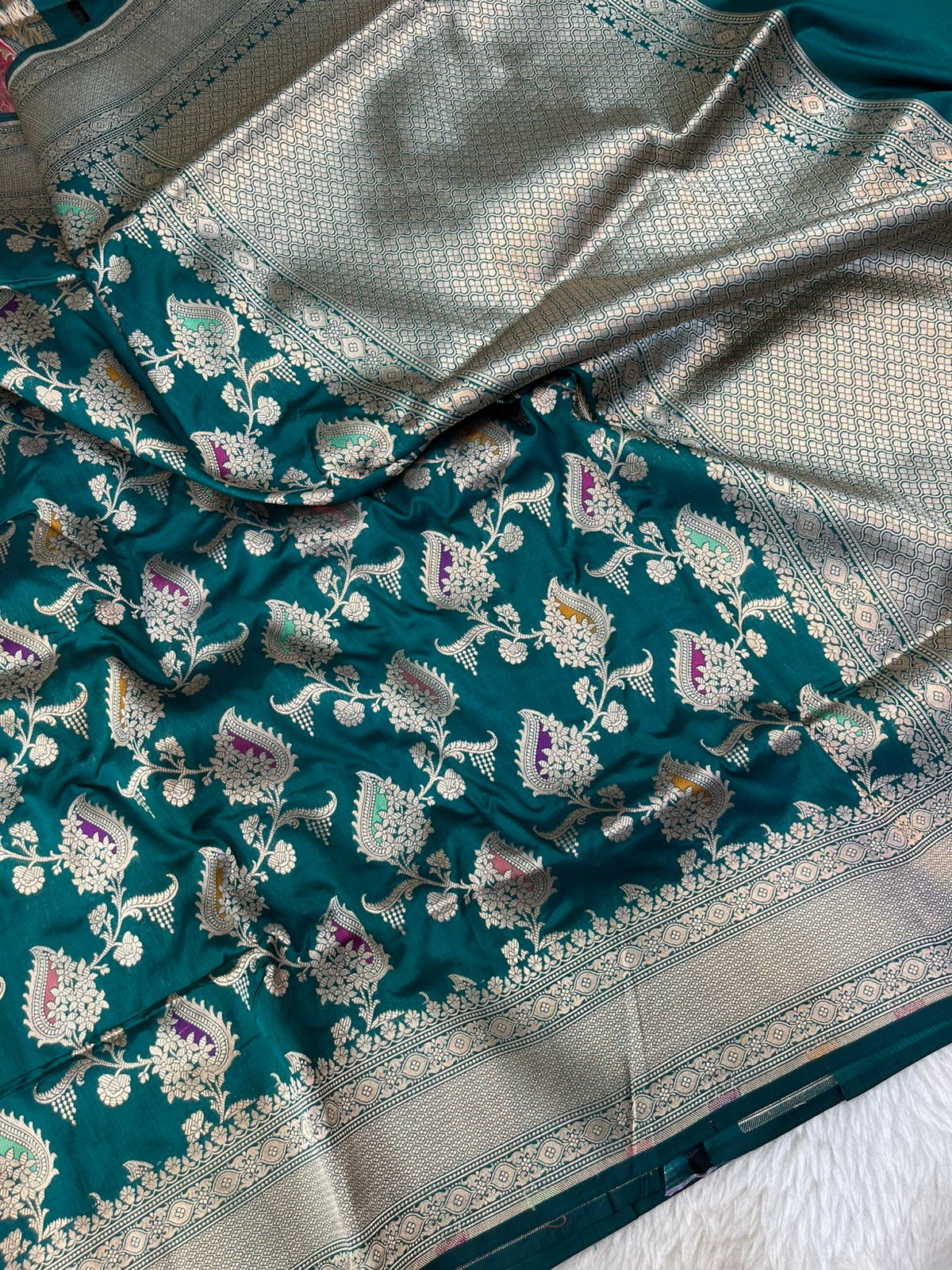 Imperial Teal Pure Katan Silk Banarasi Masterpiece Featuring Multi-Color Meena Artistry