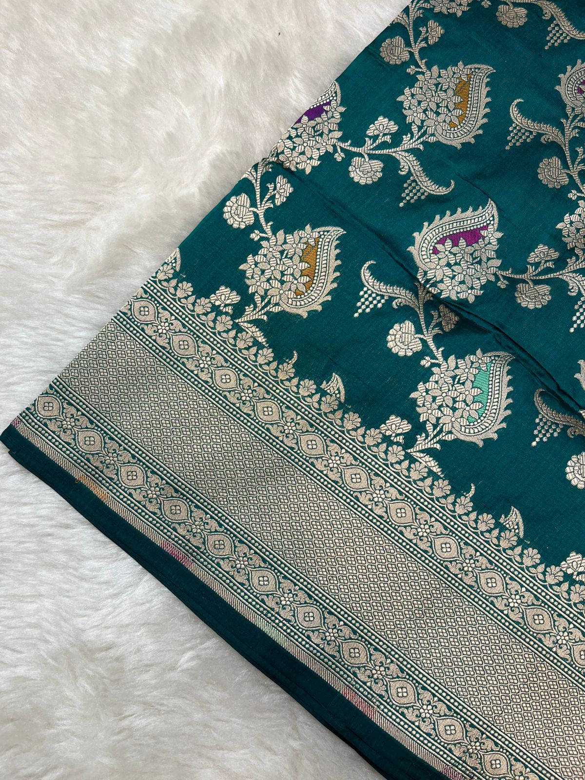 Imperial Teal Pure Katan Silk Banarasi Masterpiece Featuring Multi-Color Meena Artistry