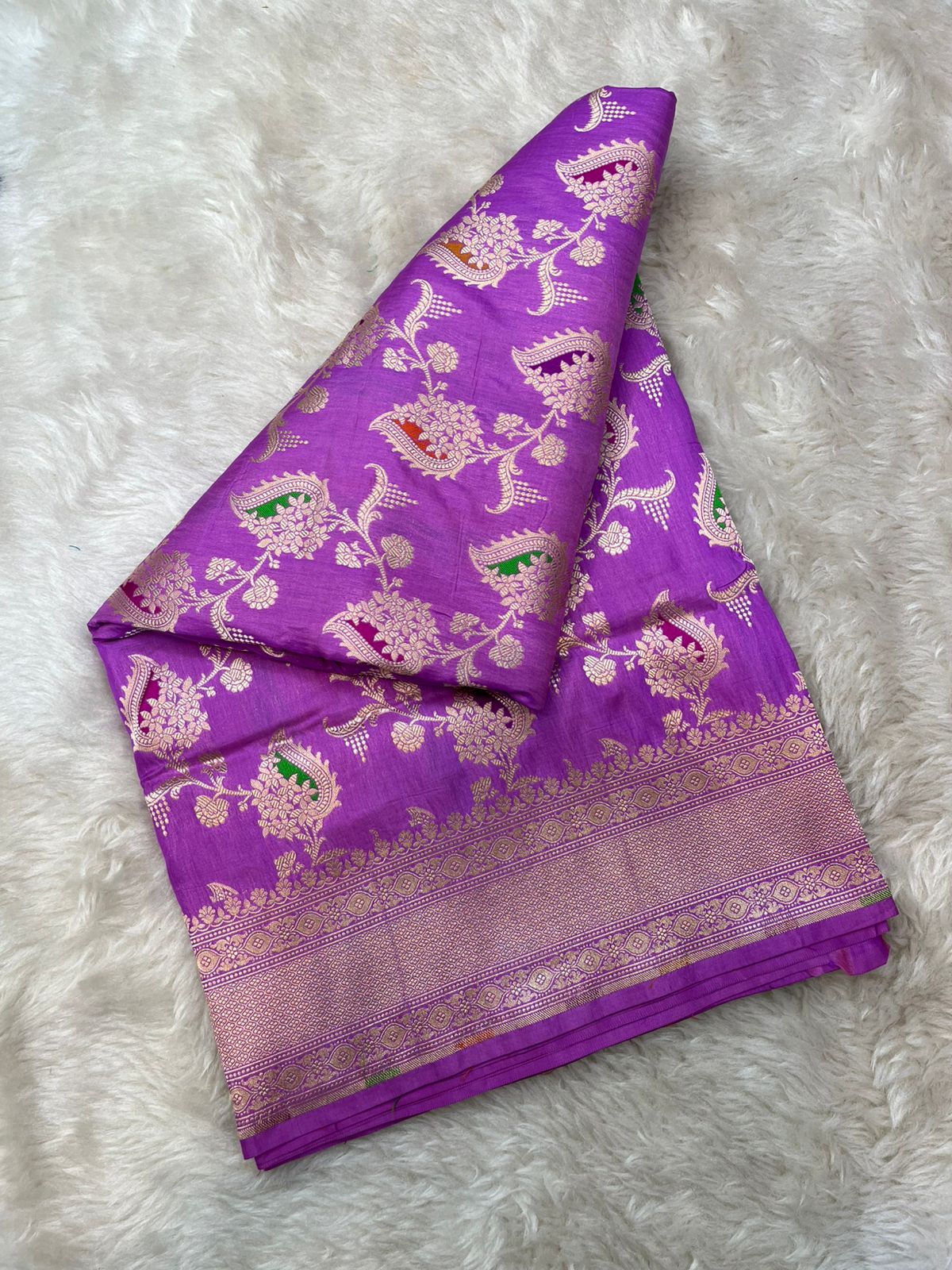 Imperial Lavender Pure Katan Silk Banarasi Masterpiece Featuring Multi-Color Meena Artistry