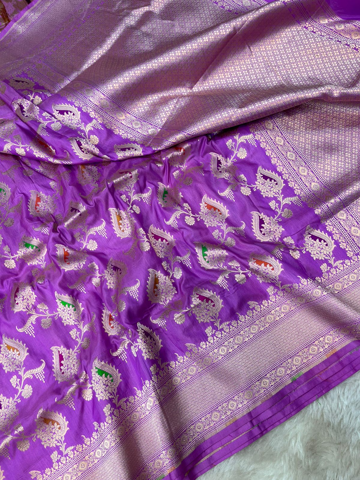 Imperial Lavender Pure Katan Silk Banarasi Masterpiece Featuring Multi-Color Meena Artistry