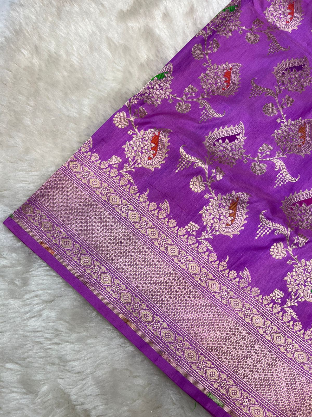Imperial Lavender Pure Katan Silk Banarasi Masterpiece Featuring Multi-Color Meena Artistry