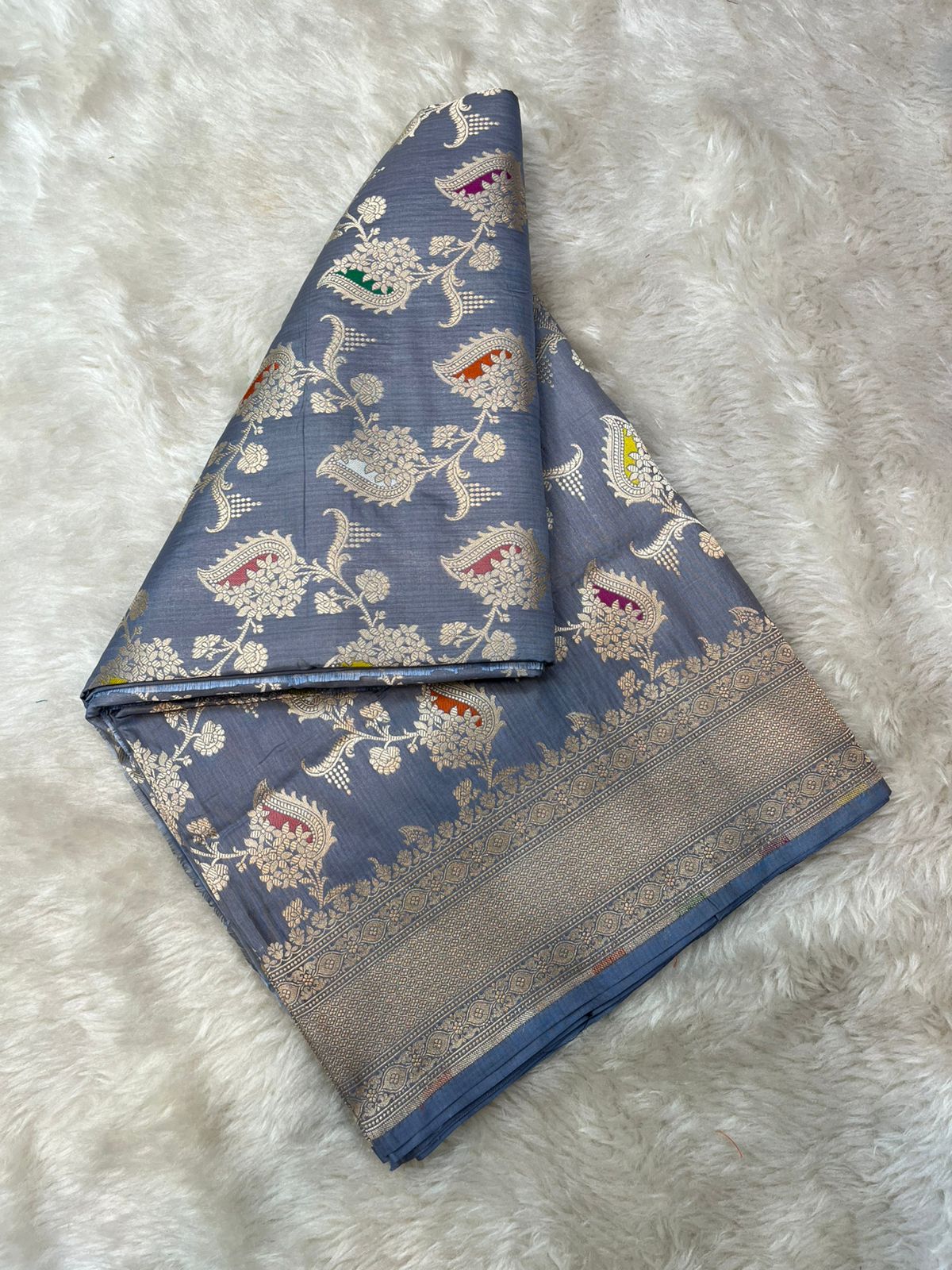 Steel Grey Pure Katan Silk Banarasi Masterpiece Featuring Multi-Color Meena Artistry