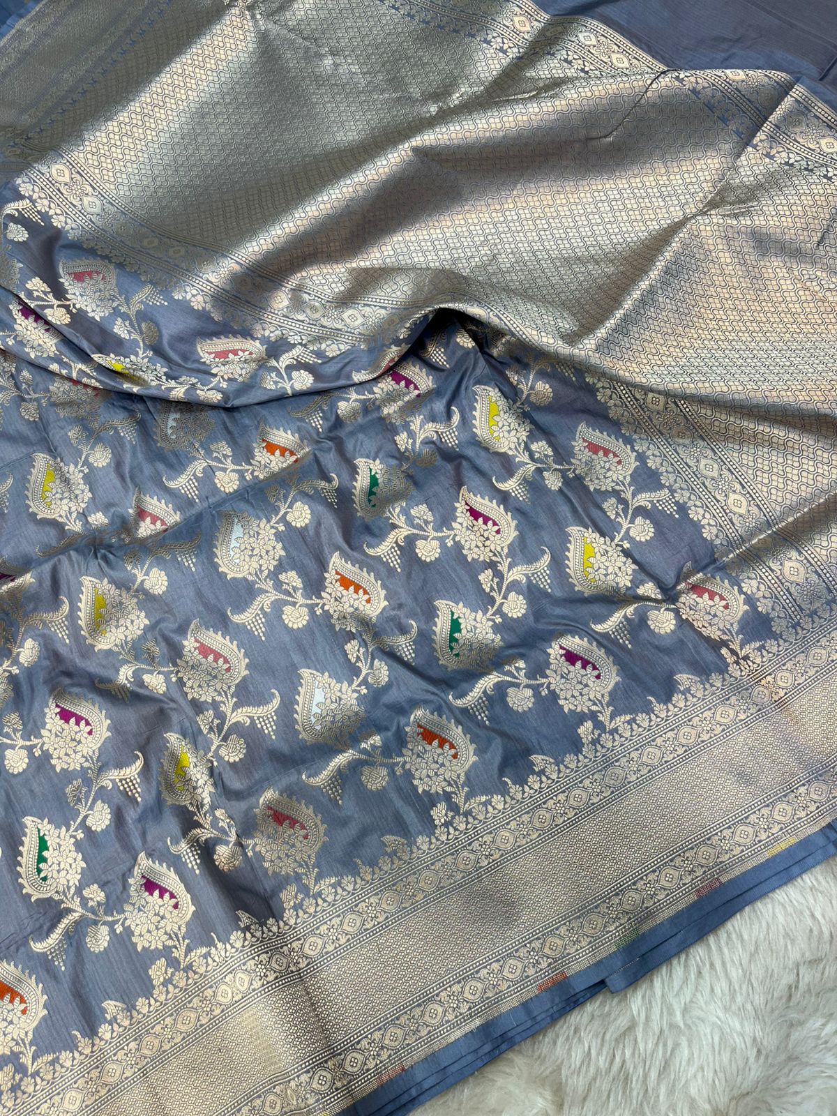 Steel Grey Pure Katan Silk Banarasi Masterpiece Featuring Multi-Color Meena Artistry