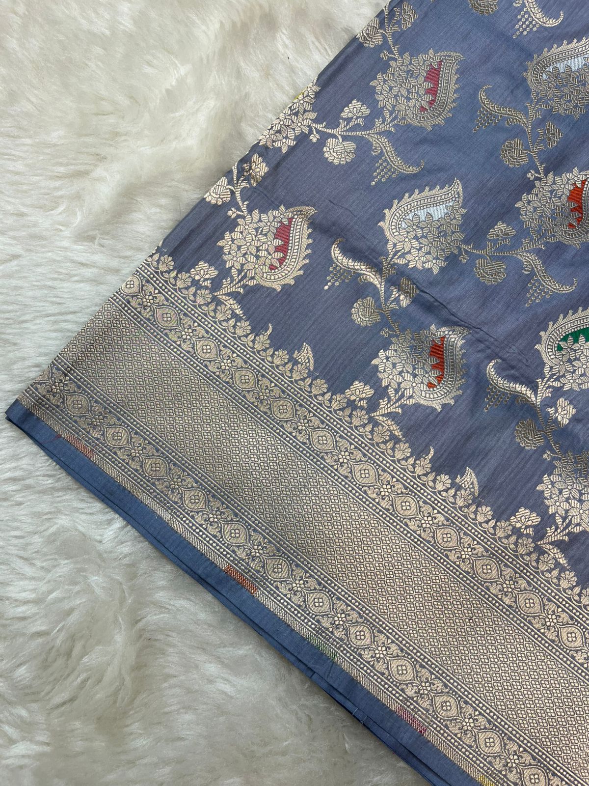 Steel Grey Pure Katan Silk Banarasi Masterpiece Featuring Multi-Color Meena Artistry