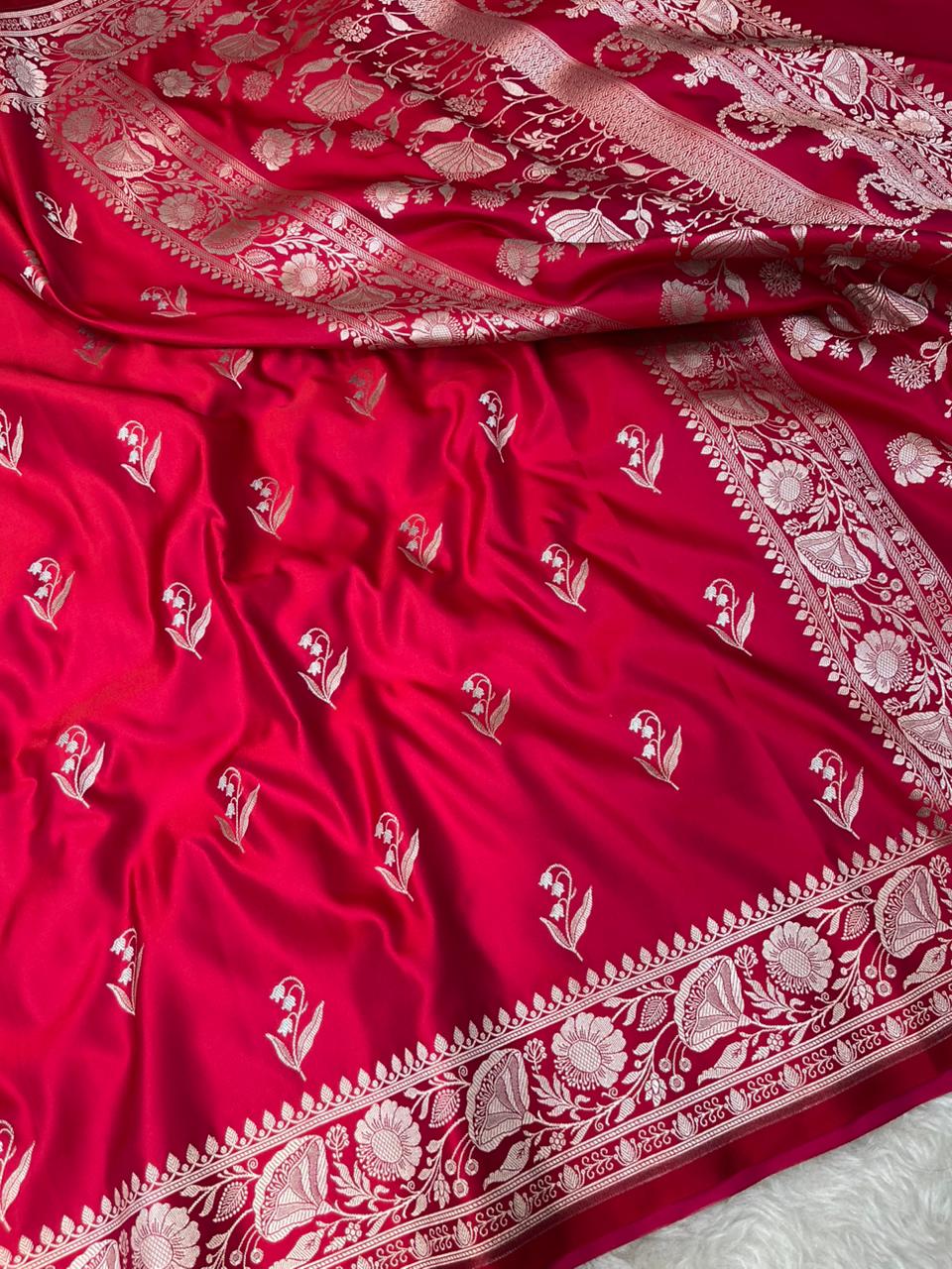 Ruby Red Mashru Silk Banarasi Saree with Sonarupa Zari Buti