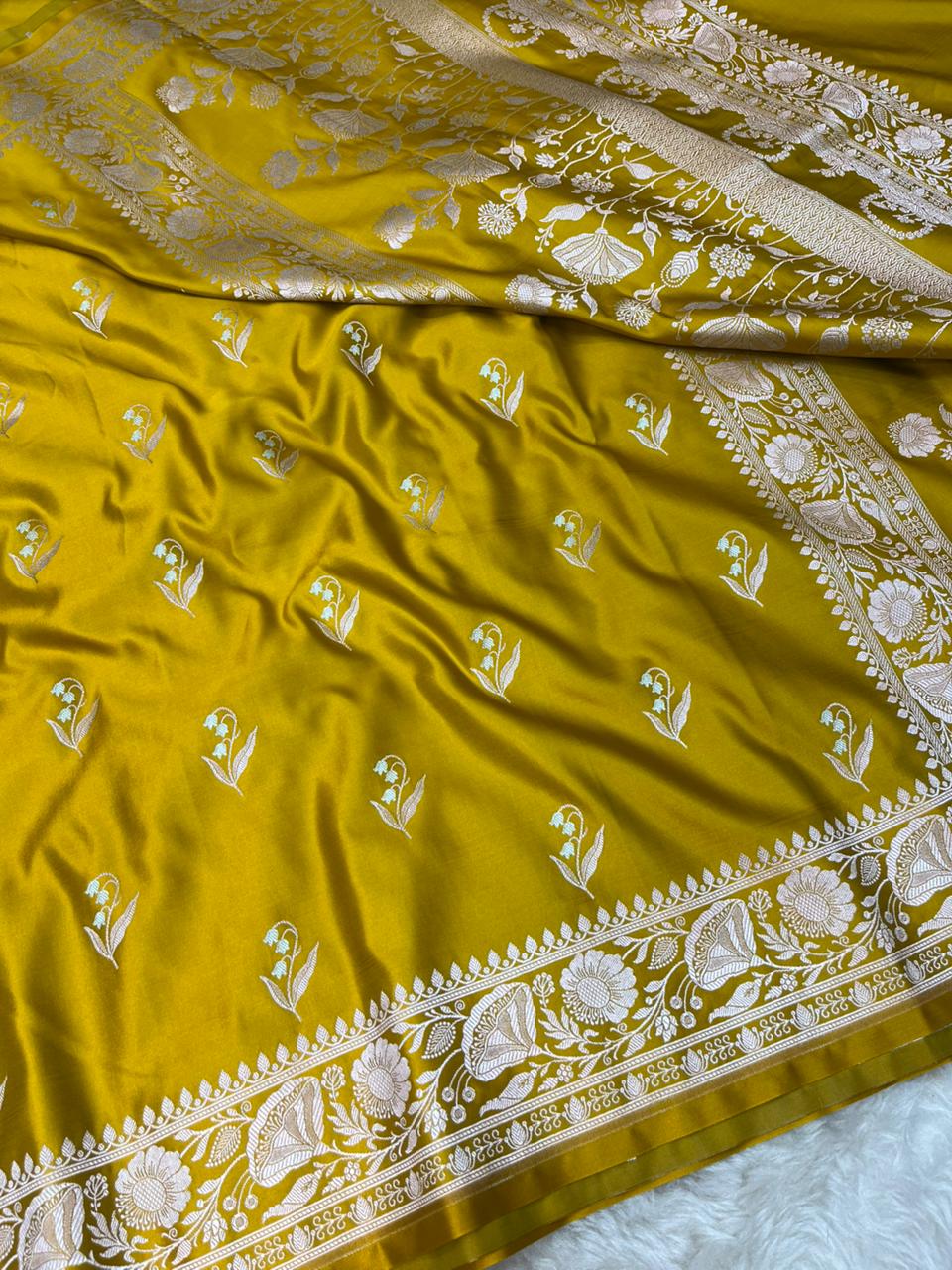 Imperial Chartreuse Gold Mashru Silk Banarasi Saree with Sonarupa Zari Buti