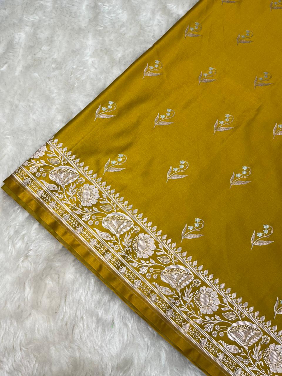 Imperial Chartreuse Gold Mashru Silk Banarasi Saree with Sonarupa Zari Buti