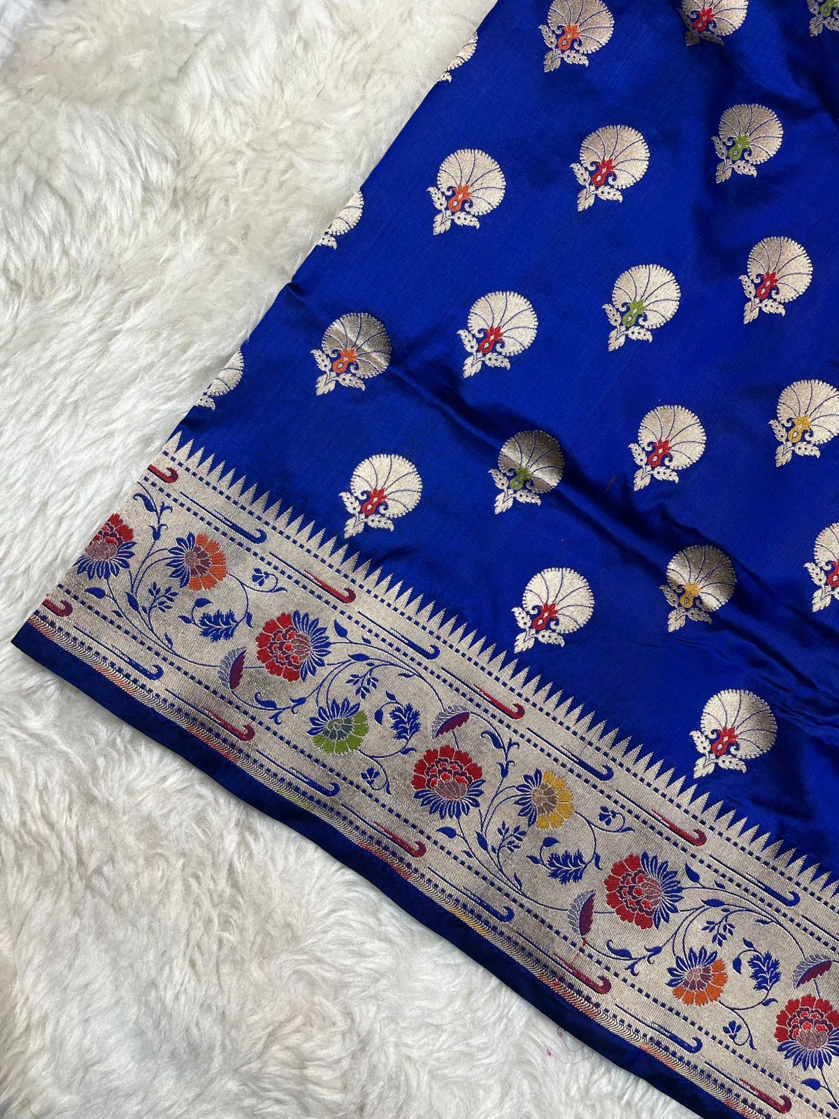 Royal Blue Pure Katan Silk Meenakari Paithani Saree with Traditional Butis & Floral Border