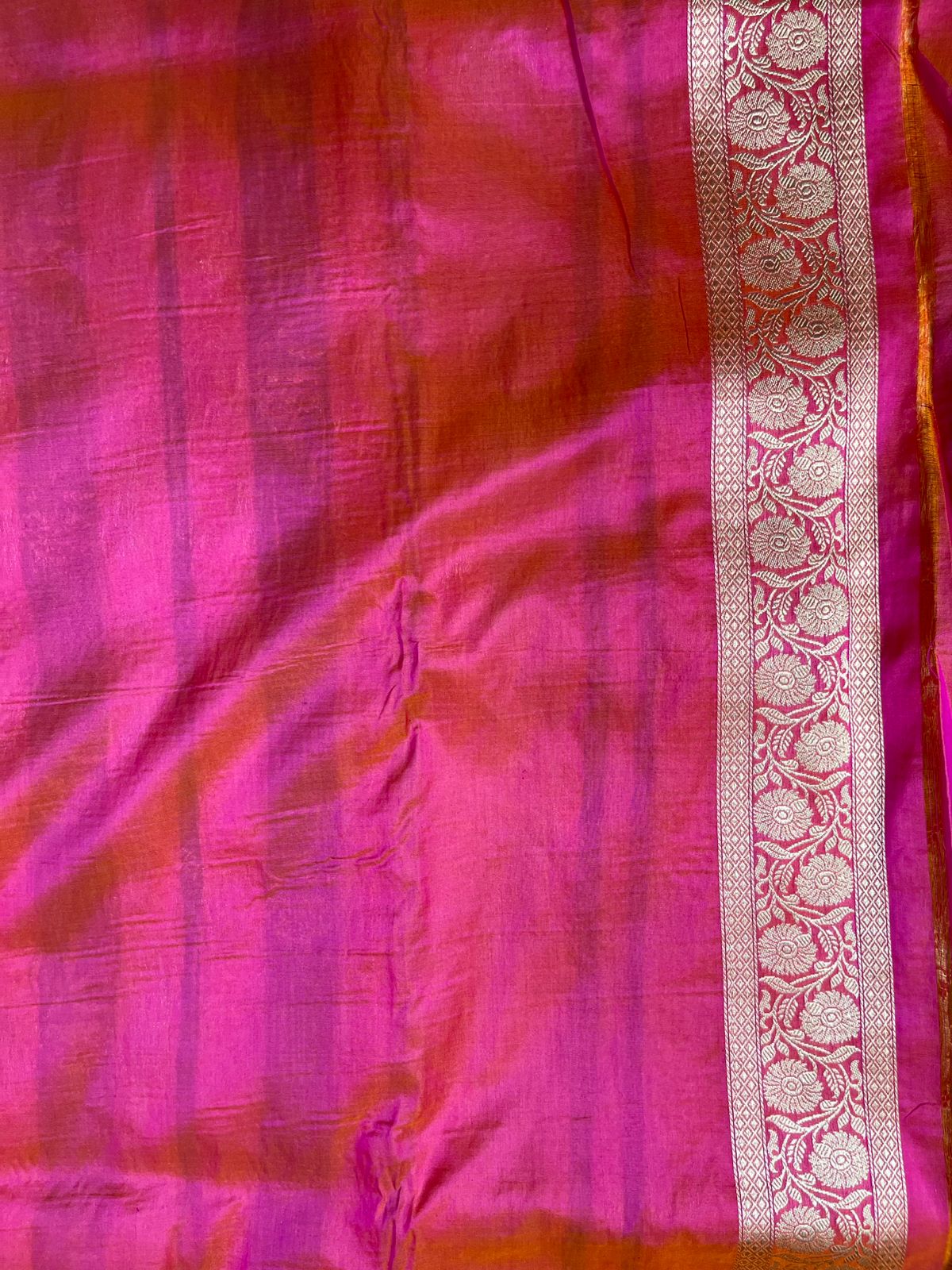 Rani Pink Pure Katan Silk Dhoop Chhaon Banarasi Saree with Meenakari Jaal & Zari Border